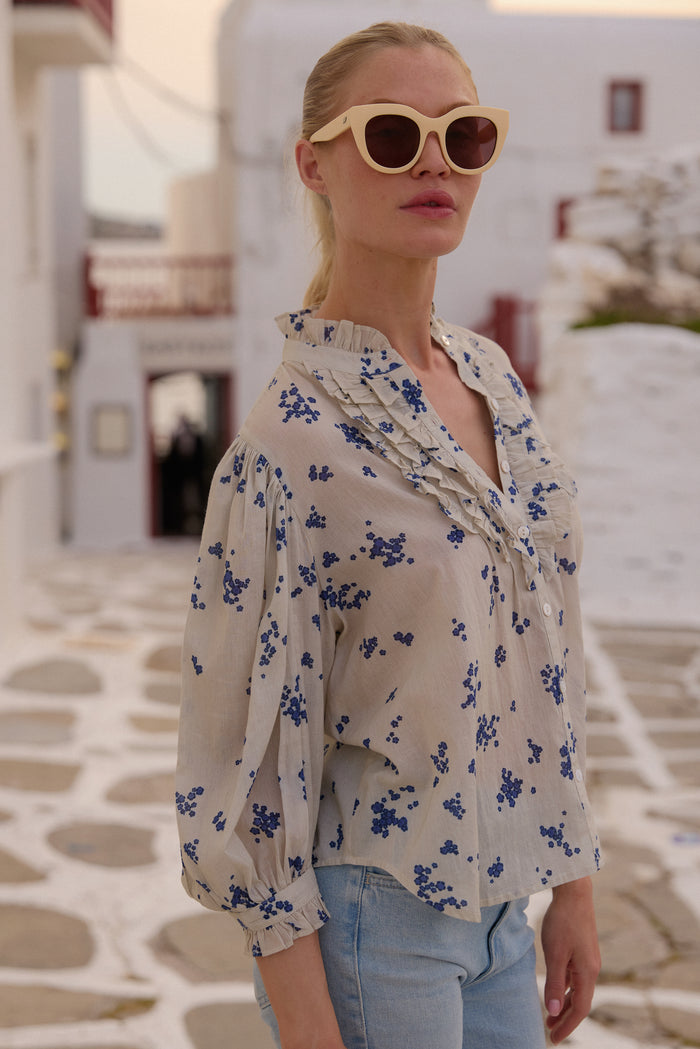 Ruffle Front Button Blouse- Alyssum Cream