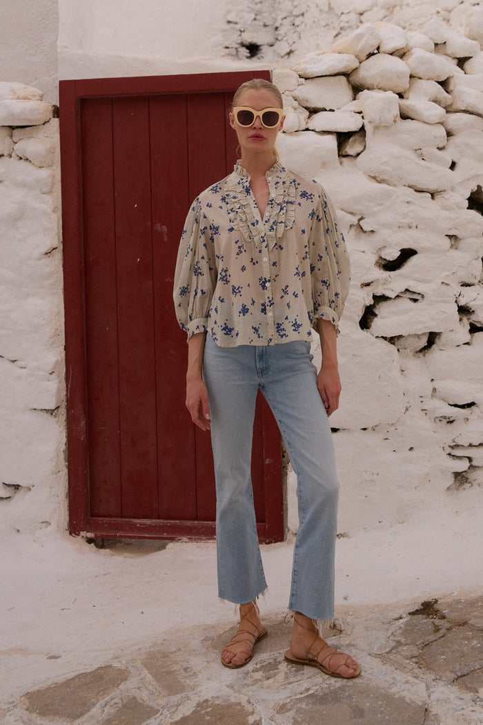 Ruffle Front Button Blouse- Alyssum Cream
