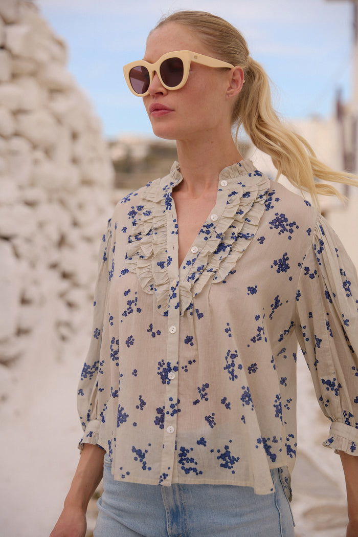 Ruffle Front Button Blouse- Alyssum Cream