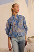 Ruffle Front Button Blouse- Aster Blue
