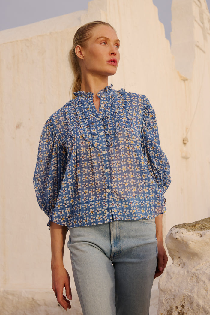 Ruffle Front Button Blouse- Aster Blue