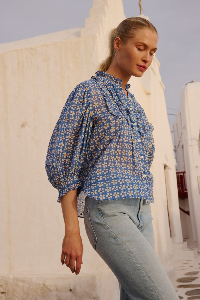 Ruffle Front Button Blouse- Aster Blue