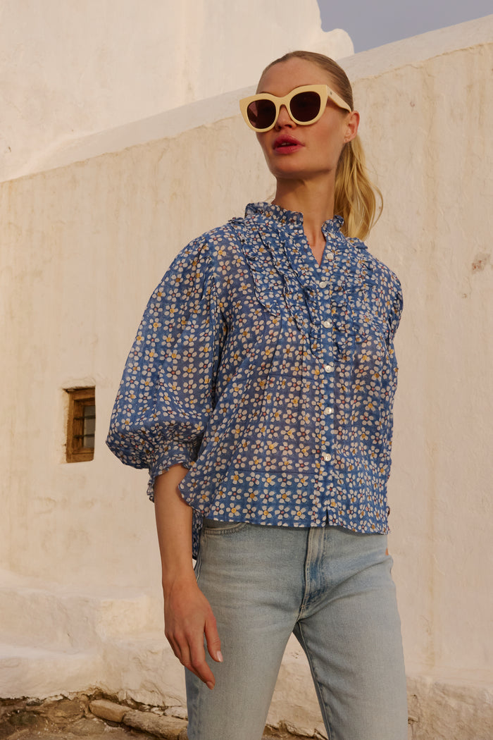 Ruffle Front Button Blouse- Aster Blue