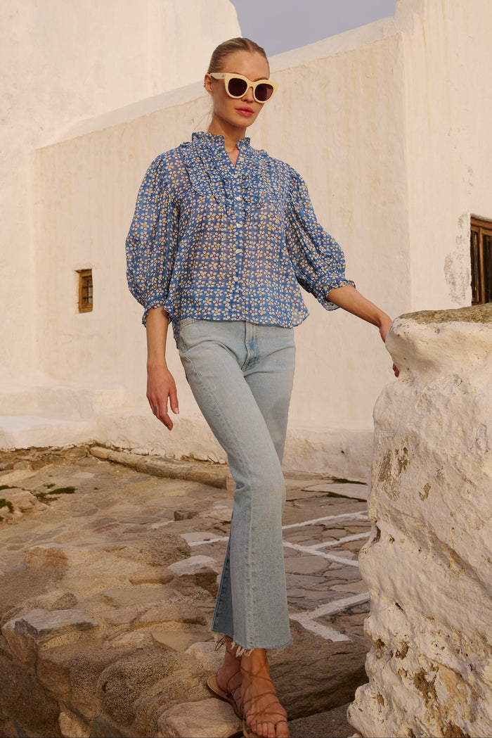 Ruffle Front Button Blouse- Aster Blue
