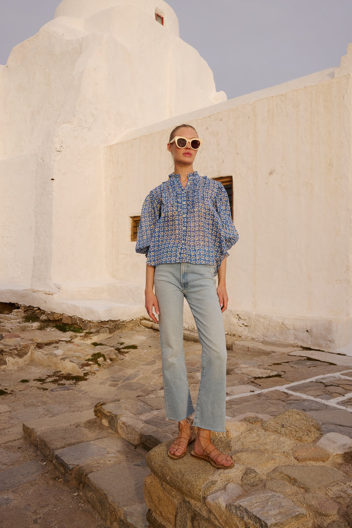Ruffle Front Button Blouse- Aster Blue