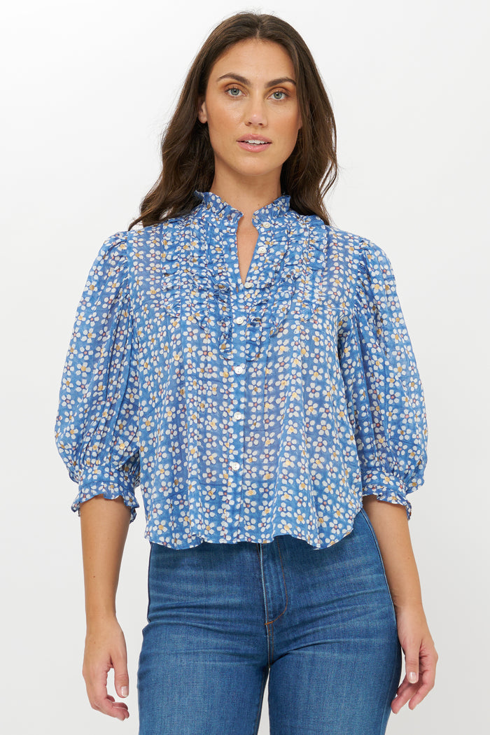Ruffle Front Button Blouse- Aster Blue