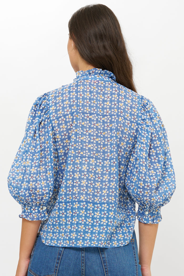 Ruffle Front Button Blouse- Aster Blue