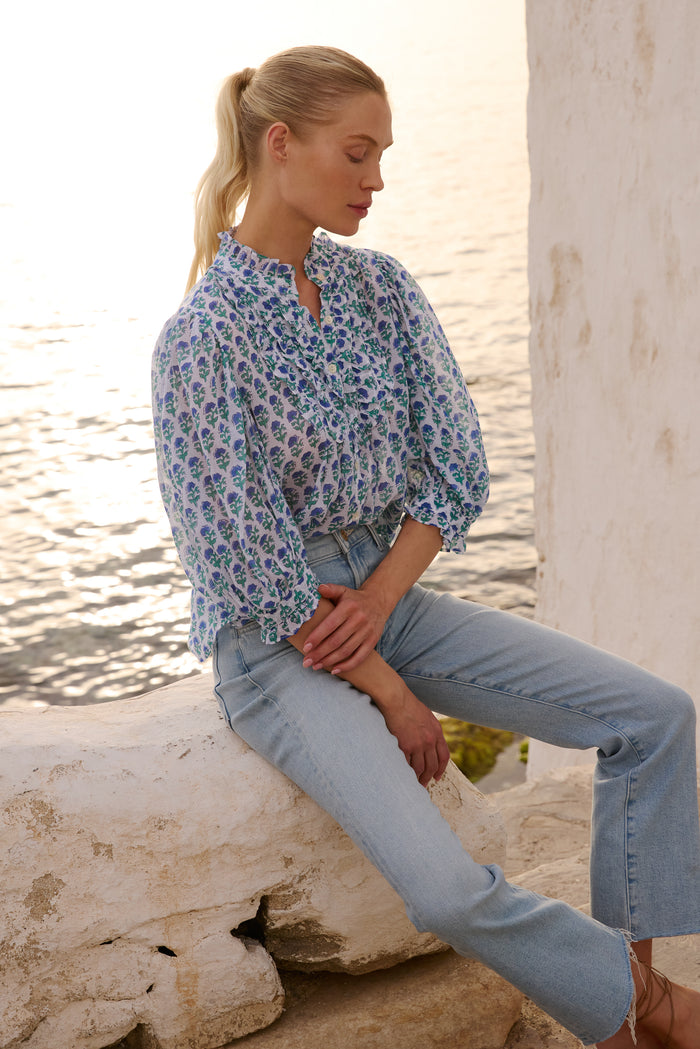 Ruffle Front Button Blouse- Boti Blue