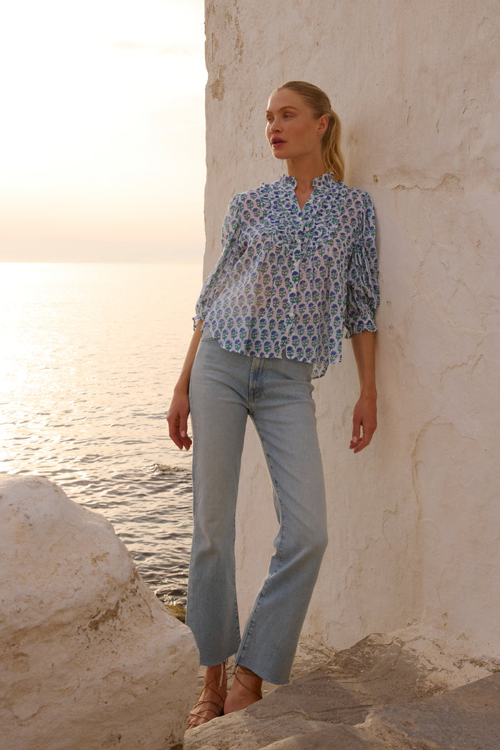 Ruffle Front Button Blouse- Boti Blue