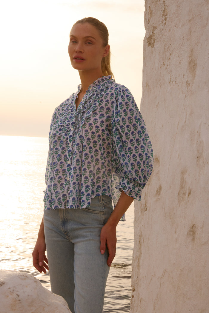 Ruffle Front Button Blouse- Boti Blue