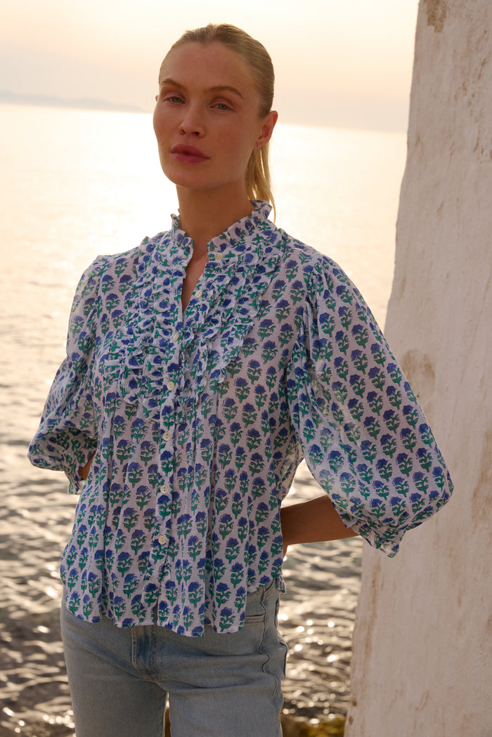 Ruffle Front Button Blouse- Boti Blue