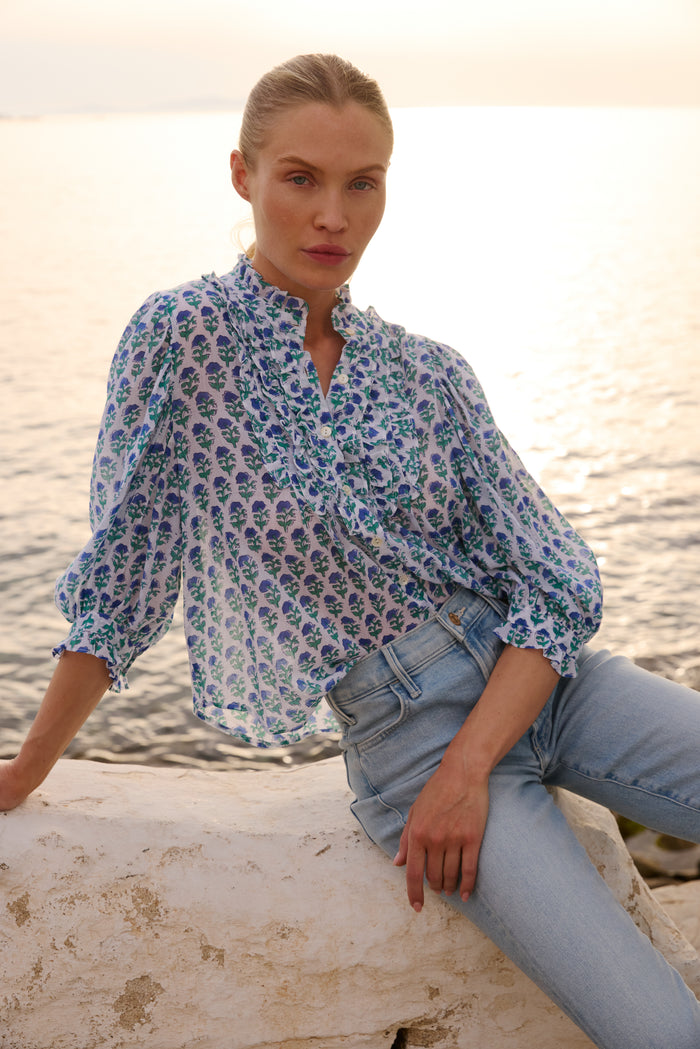 Ruffle Front Button Blouse- Boti Blue