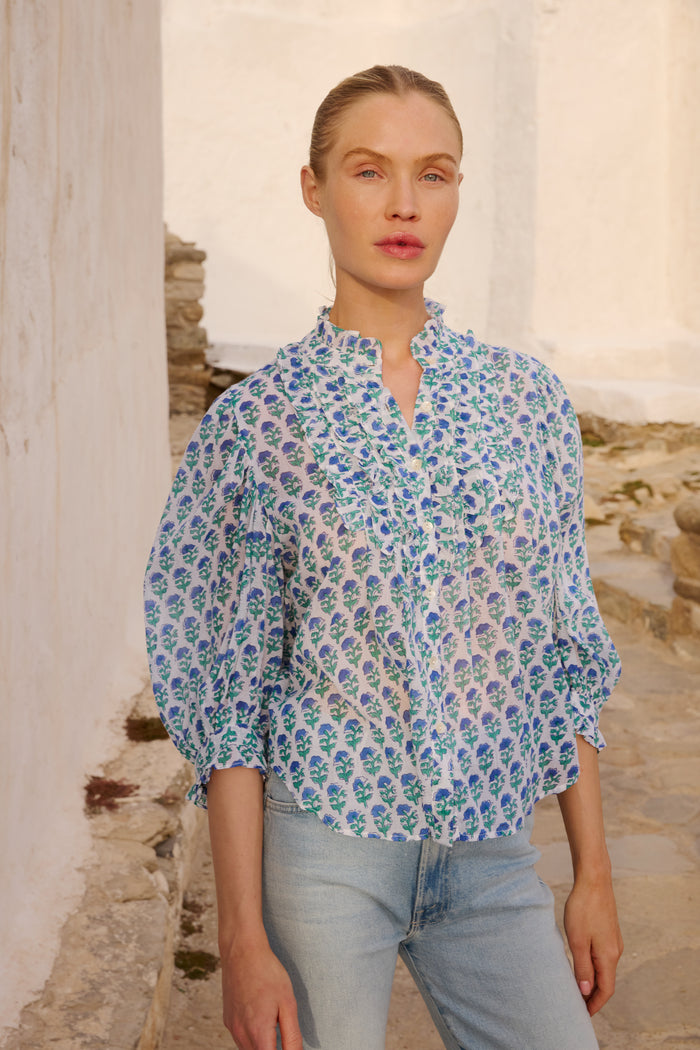 Ruffle Front Button Blouse- Boti Blue