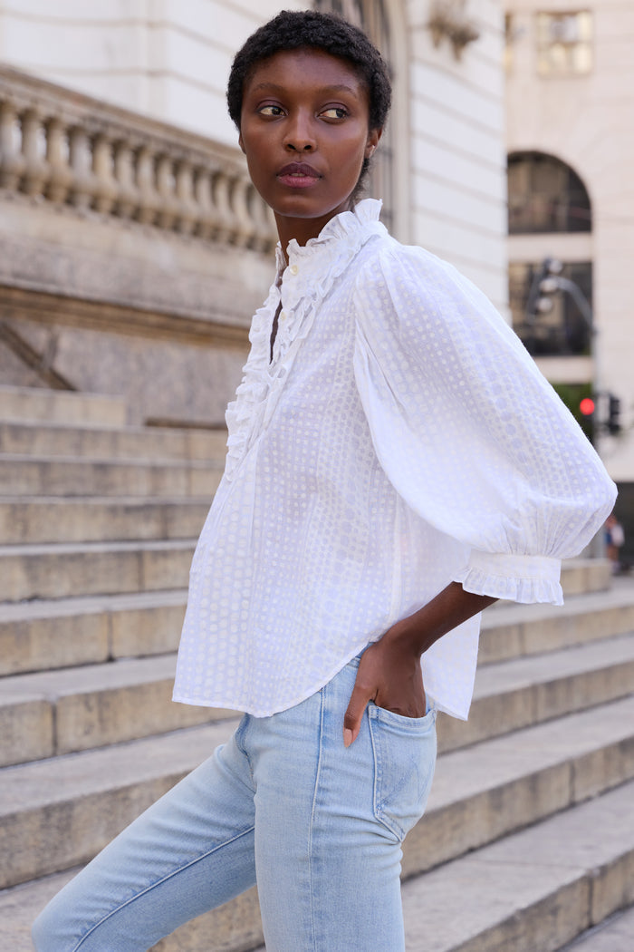 Ruffle Front Button Blouse- Domino White