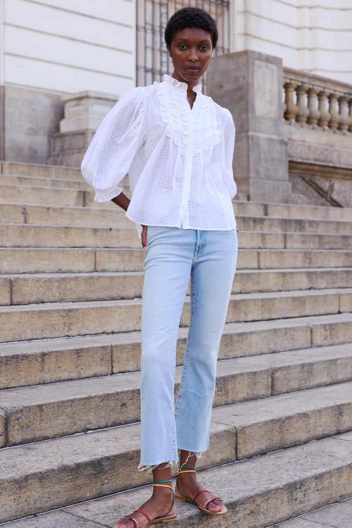 Ruffle Front Button Blouse- Domino White