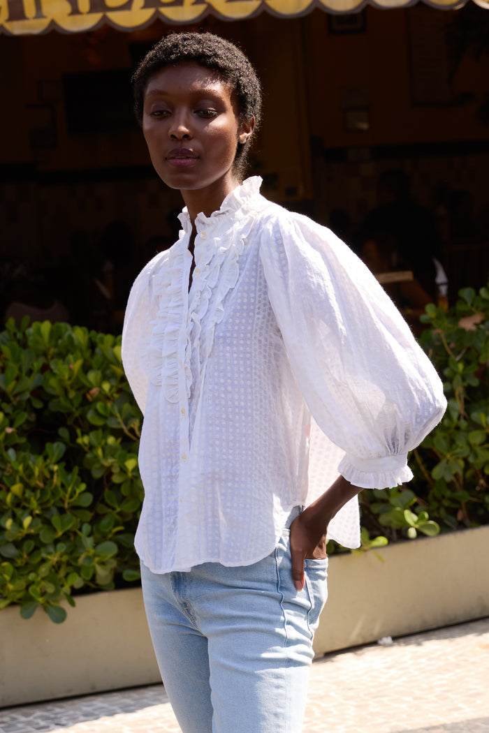 Ruffle Front Button Blouse- Domino White