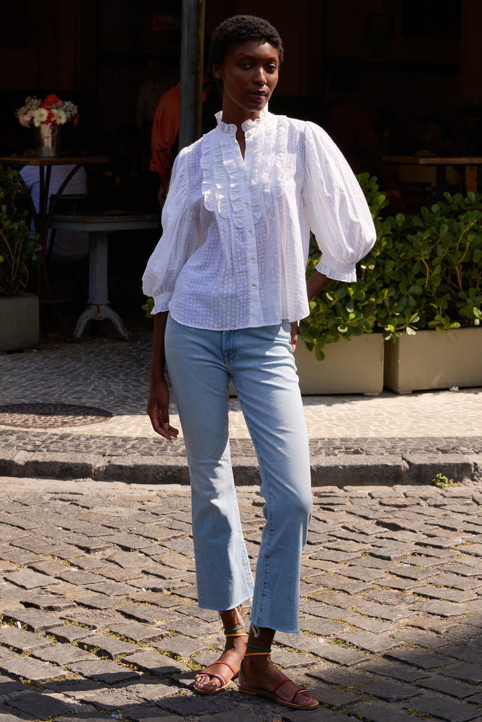 Ruffle Front Button Blouse- Domino White