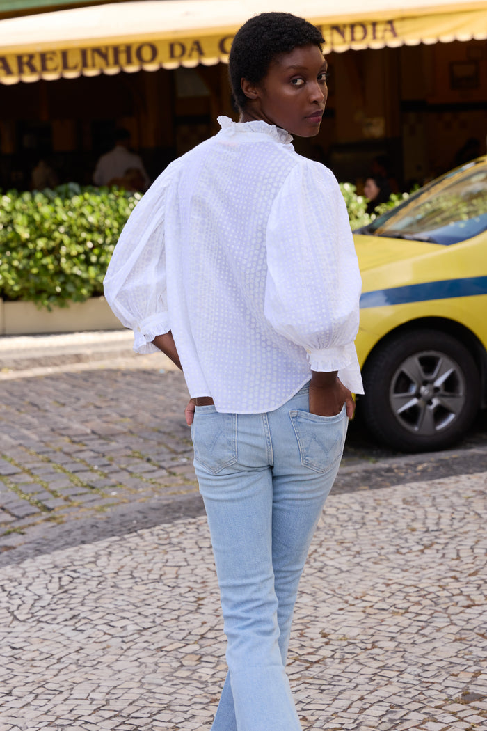 Ruffle Front Button Blouse- Domino White