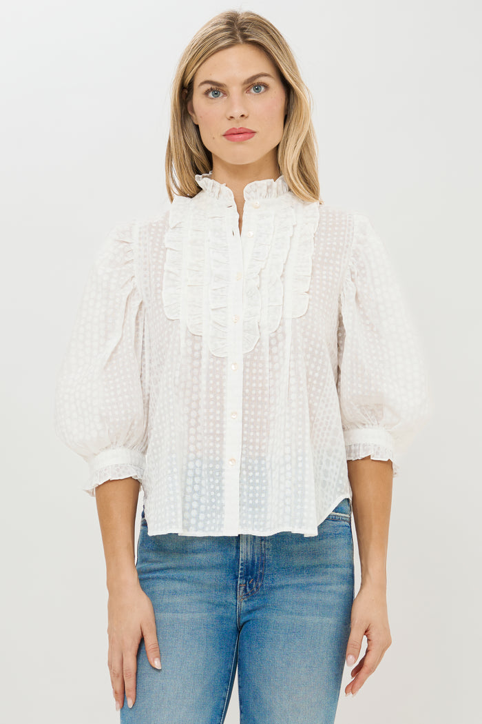Ruffle Front Button Blouse- Domino White