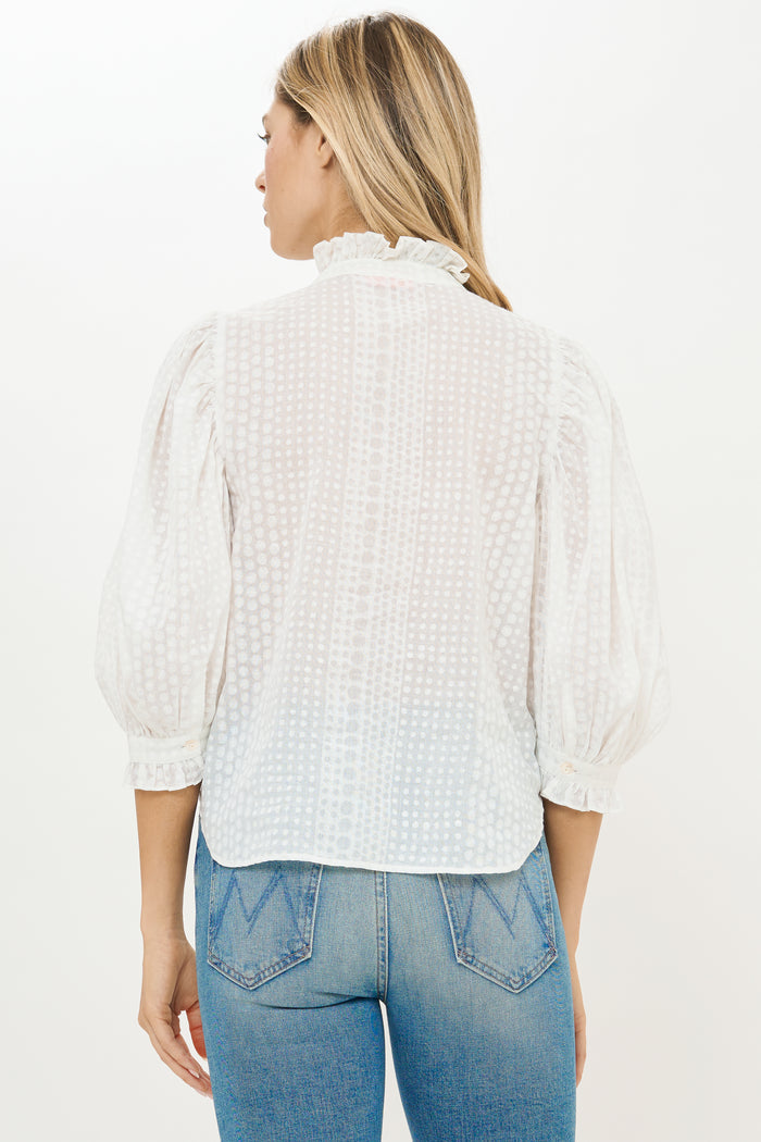 Ruffle Front Button Blouse- Domino White