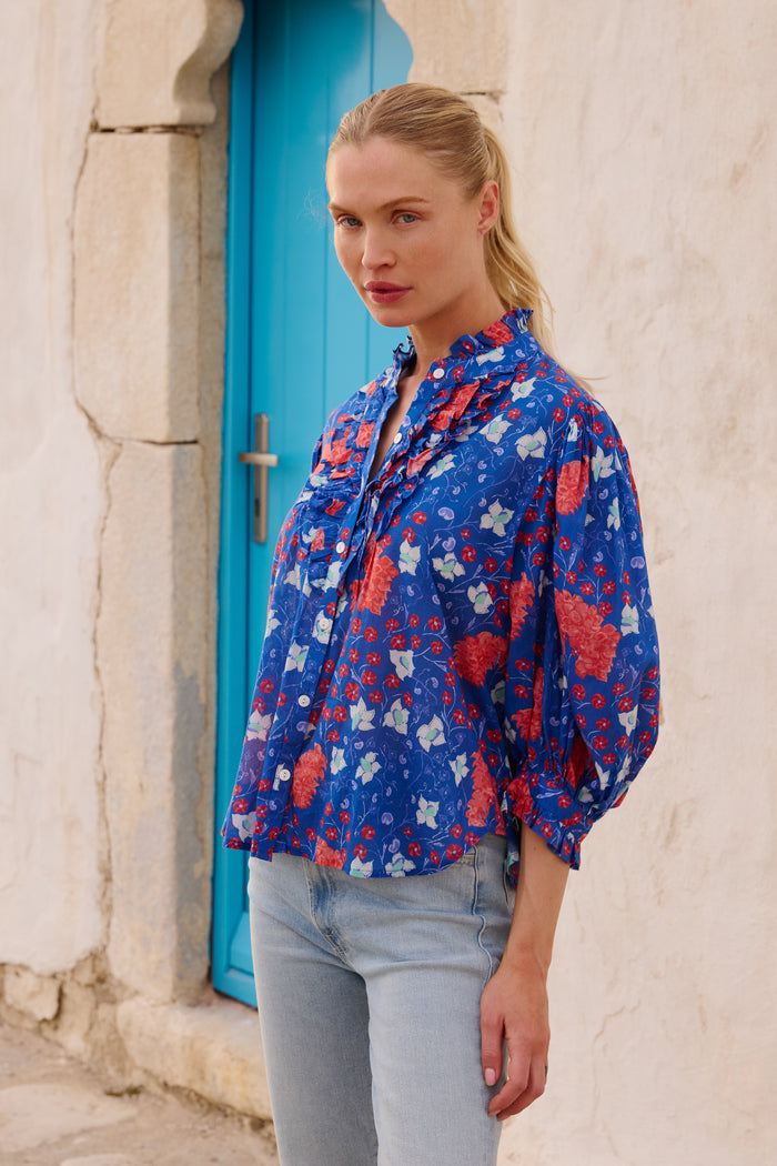 Ruffle Front Button Blouse- Fleur Blue