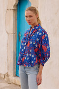 Ruffle Front Button Blouse- Fleur Blue
