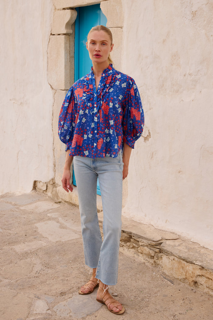 Ruffle Front Button Blouse- Fleur Blue