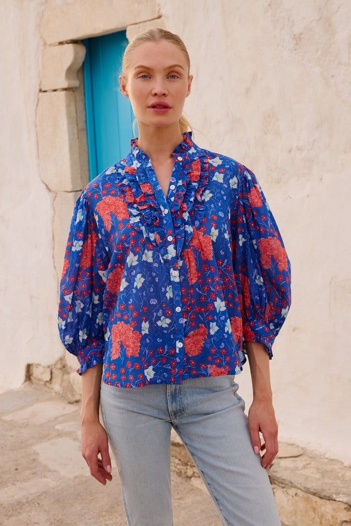 Ruffle Front Button Blouse- Fleur Blue