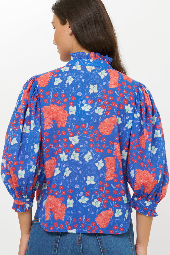 Ruffle Front Button Blouse- Fleur Blue