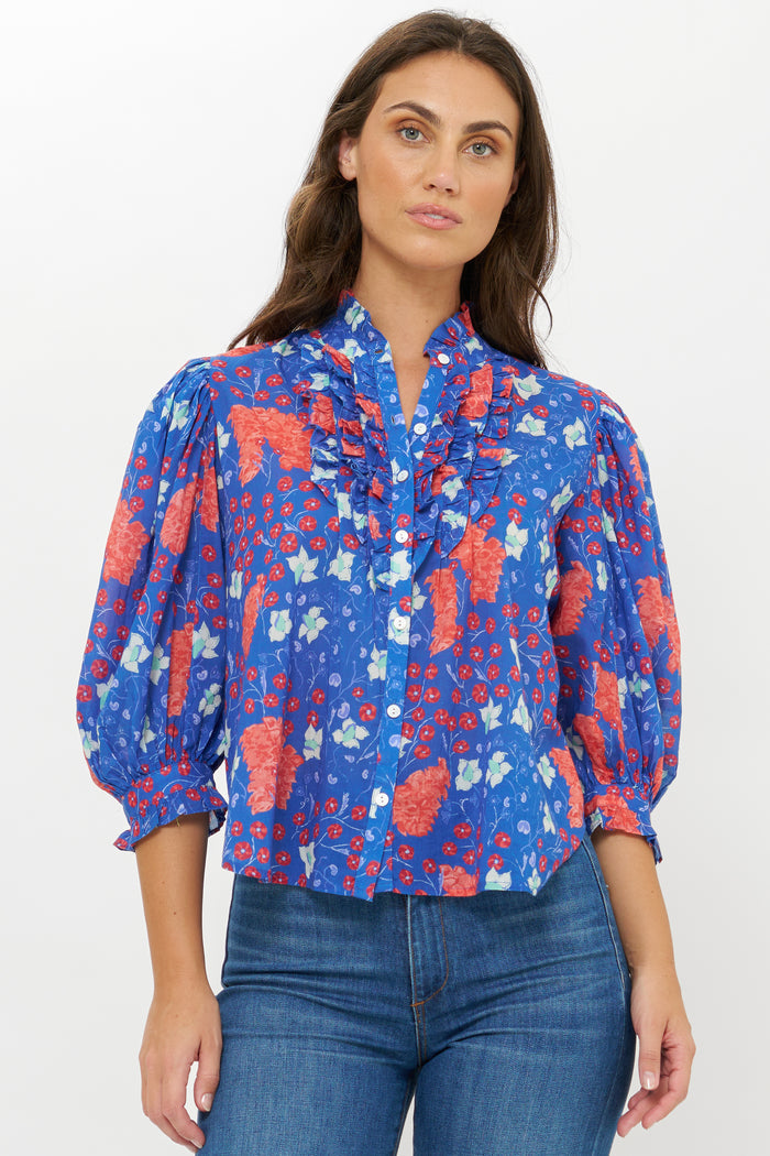 Ruffle Front Button Blouse- Fleur Blue