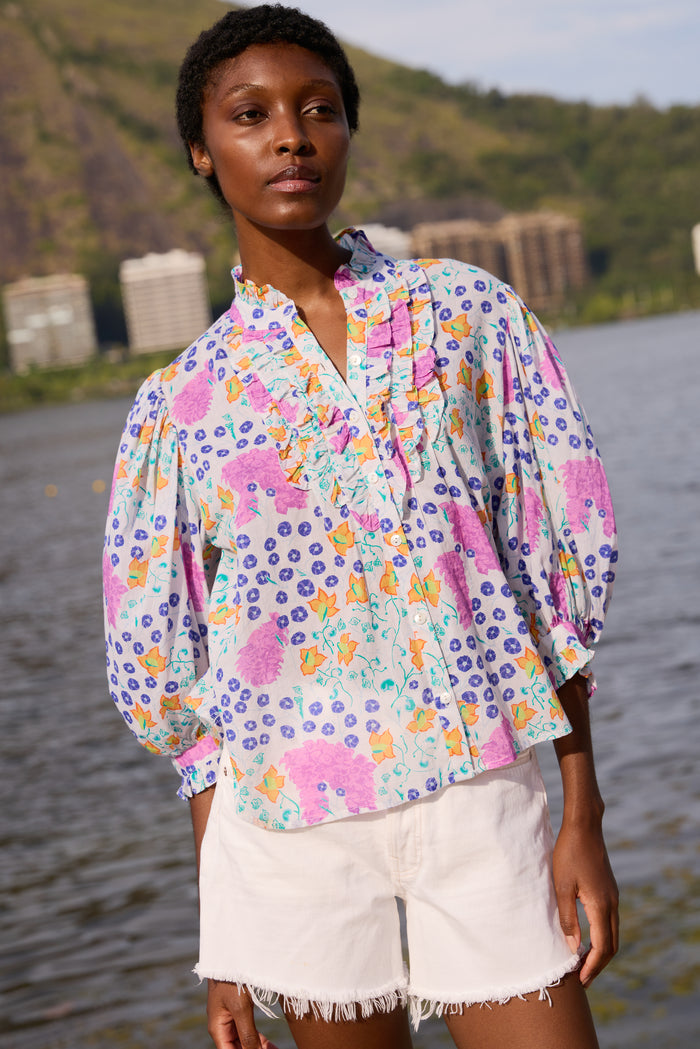 Ruffle Front Button Blouse- Fleur Lilac