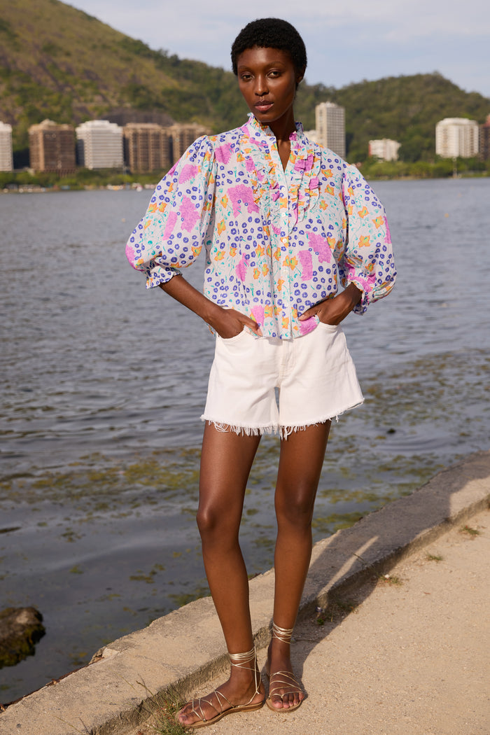 Ruffle Front Button Blouse- Fleur Lilac