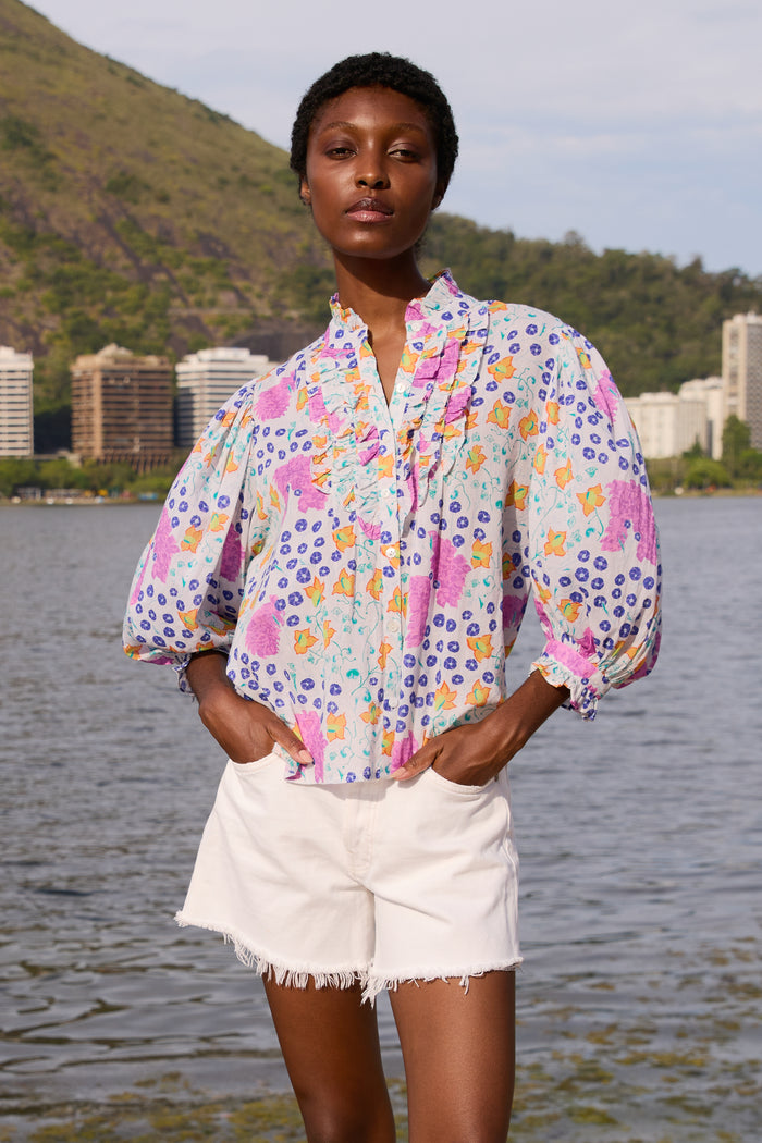 Ruffle Front Button Blouse- Fleur Lilac