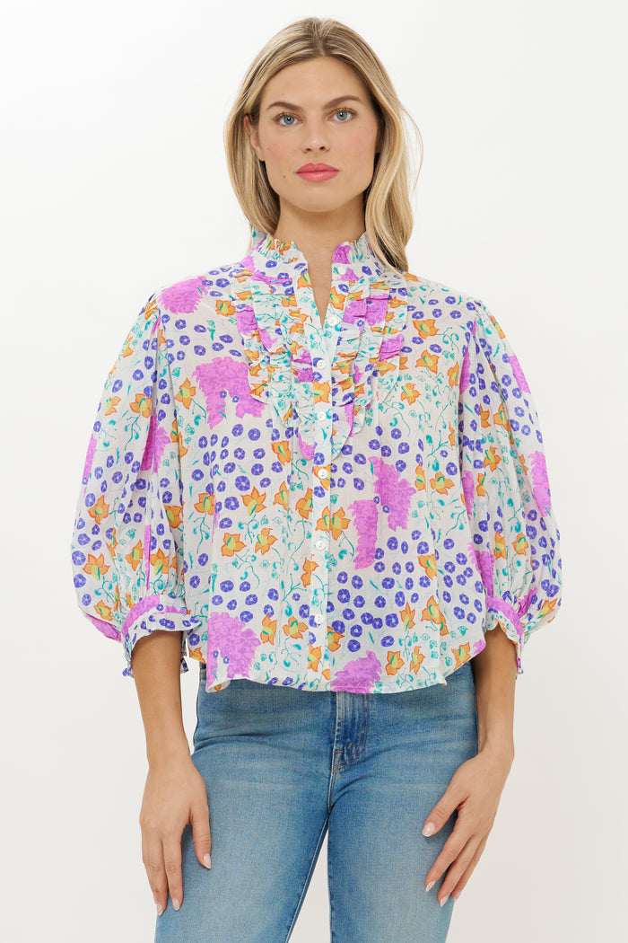 Ruffle Front Button Blouse- Fleur Lilac