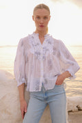 Ruffle Front Button Blouse- Leela Sky
