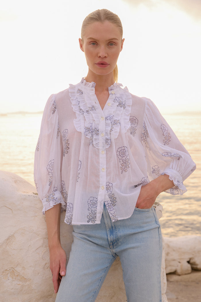 Ruffle Front Button Blouse- Leela Sky