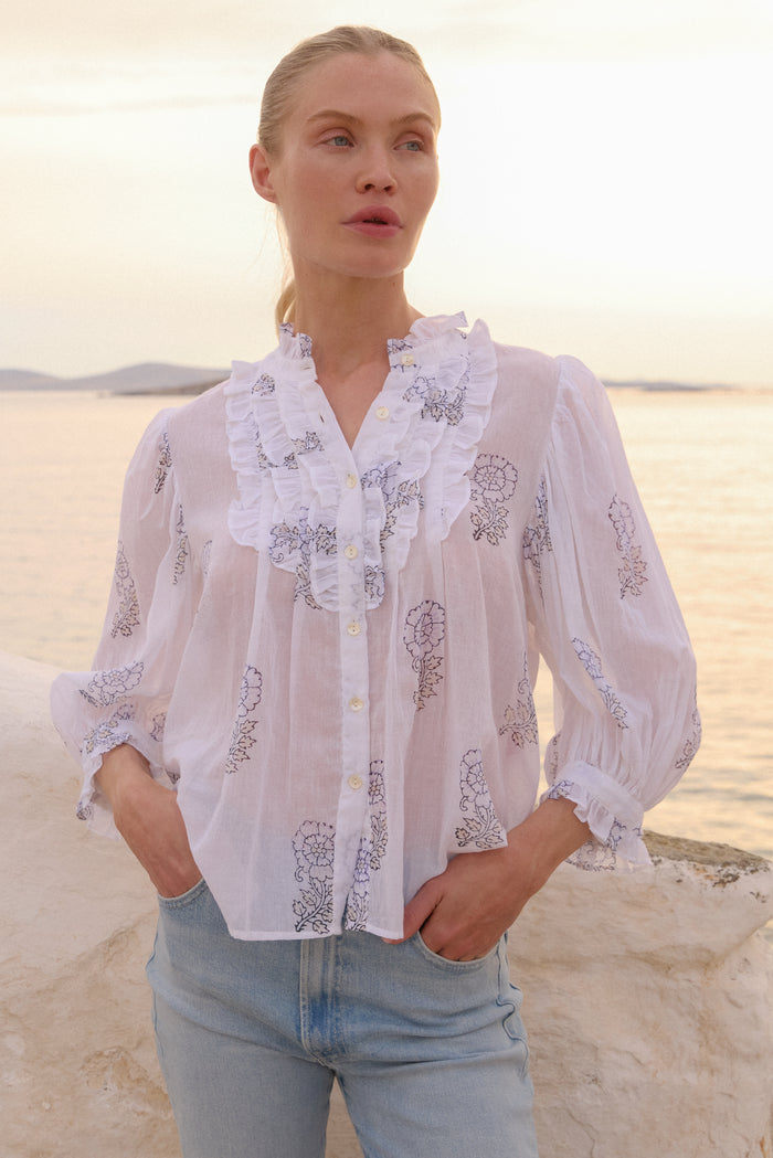 Ruffle Front Button Blouse- Leela Sky