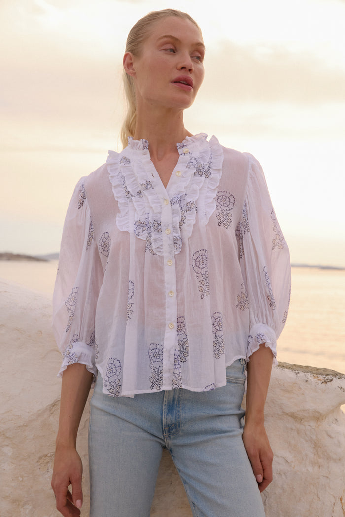 Ruffle Front Button Blouse- Leela Sky