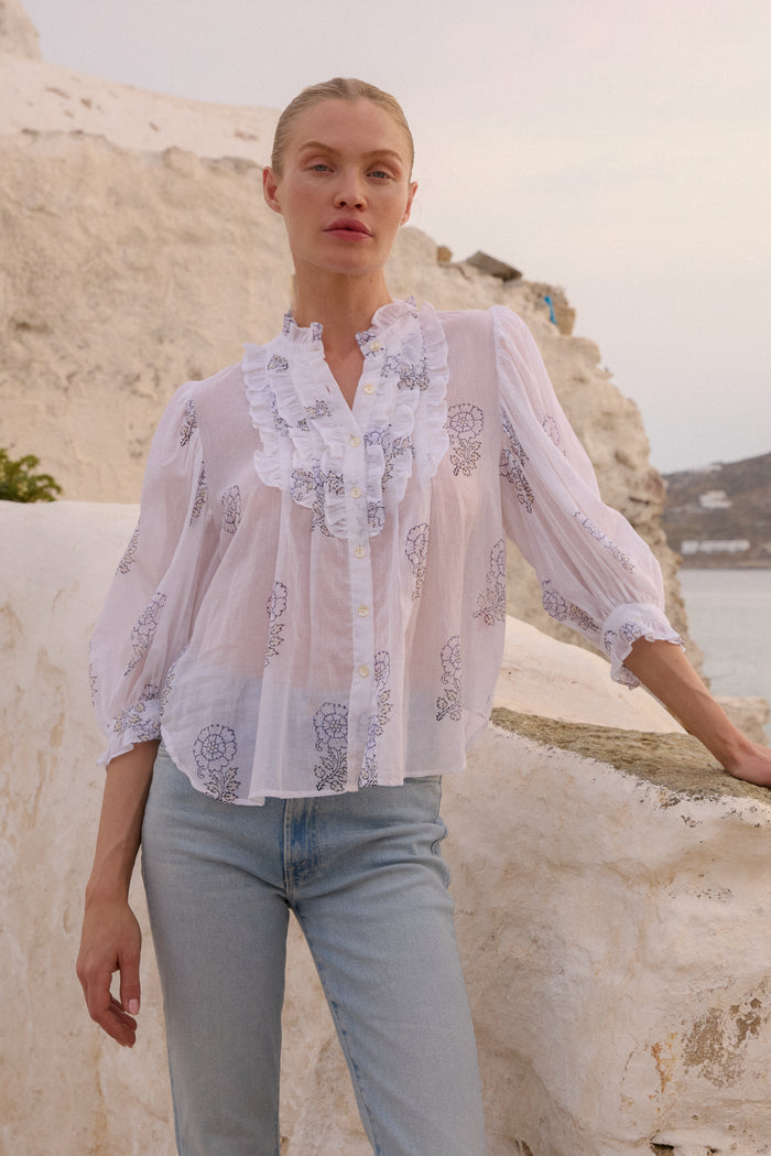 Ruffle Front Button Blouse- Leela Sky