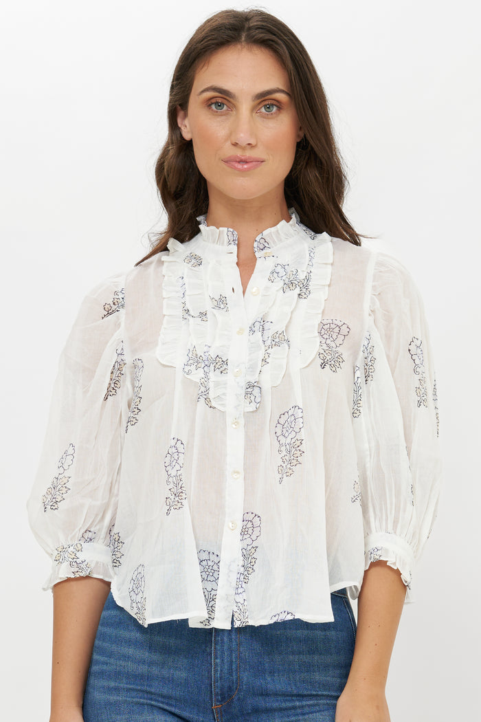Ruffle Front Button Blouse- Leela Sky
