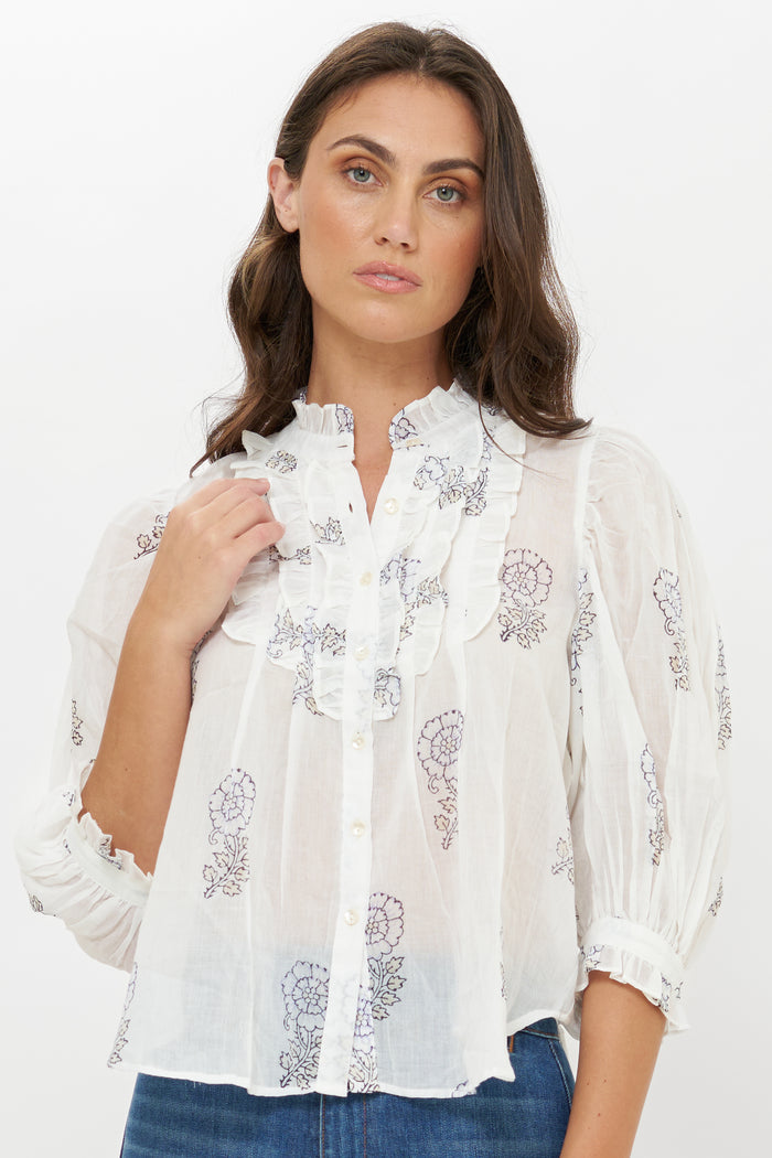 Ruffle Front Button Blouse- Leela Sky