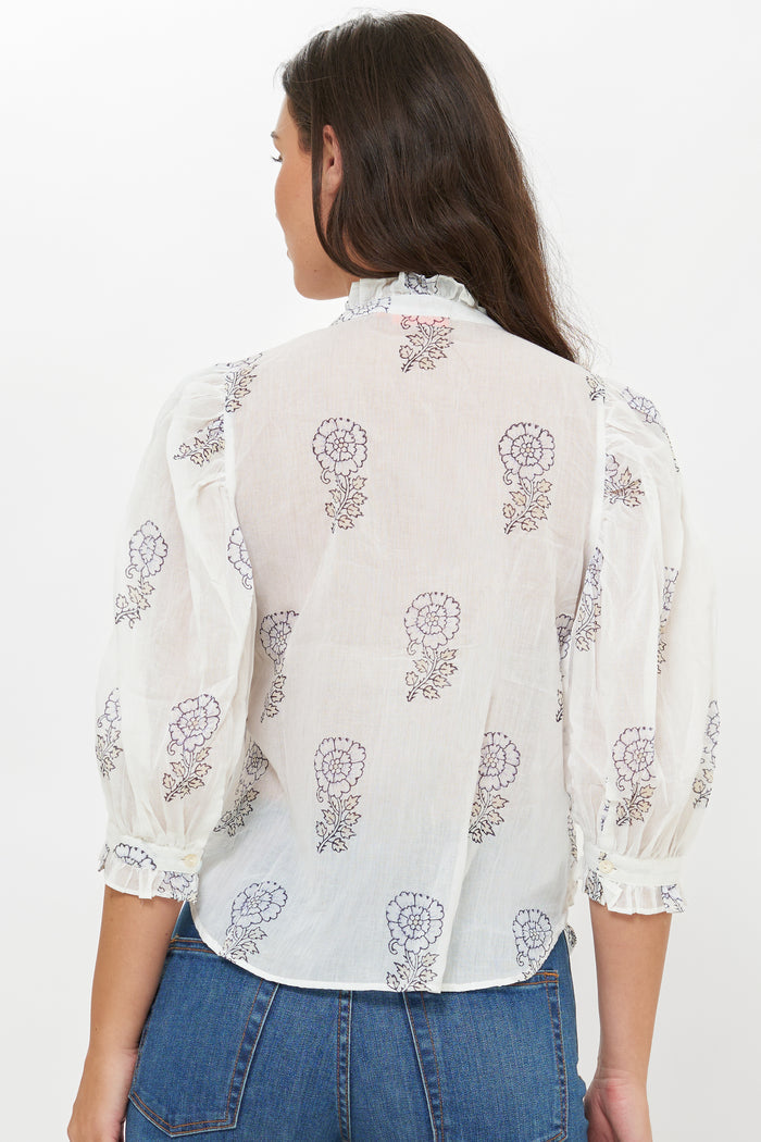 Ruffle Front Button Blouse- Leela Sky