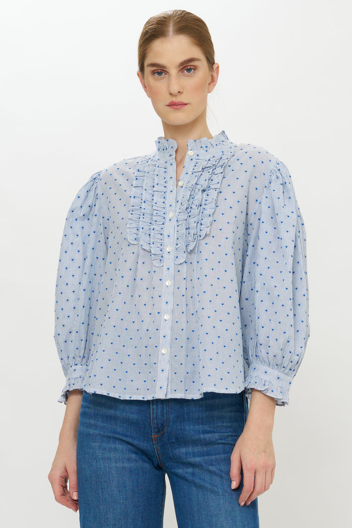 Ruffle Front Button Blouse- Lyon Blue