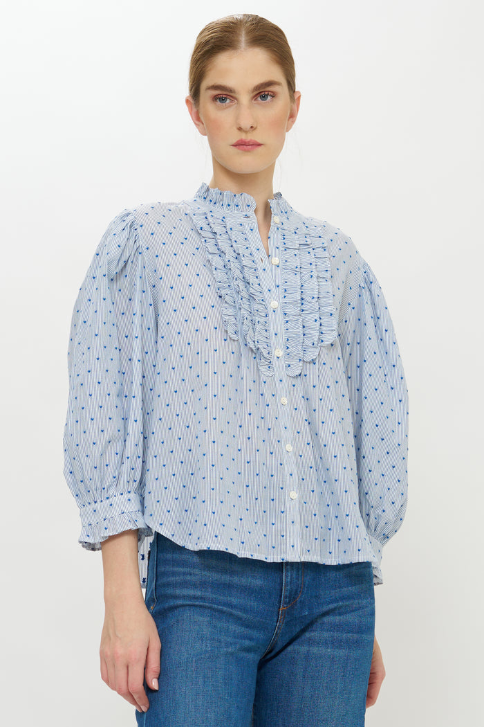 Ruffle Front Button Blouse- Lyon Blue