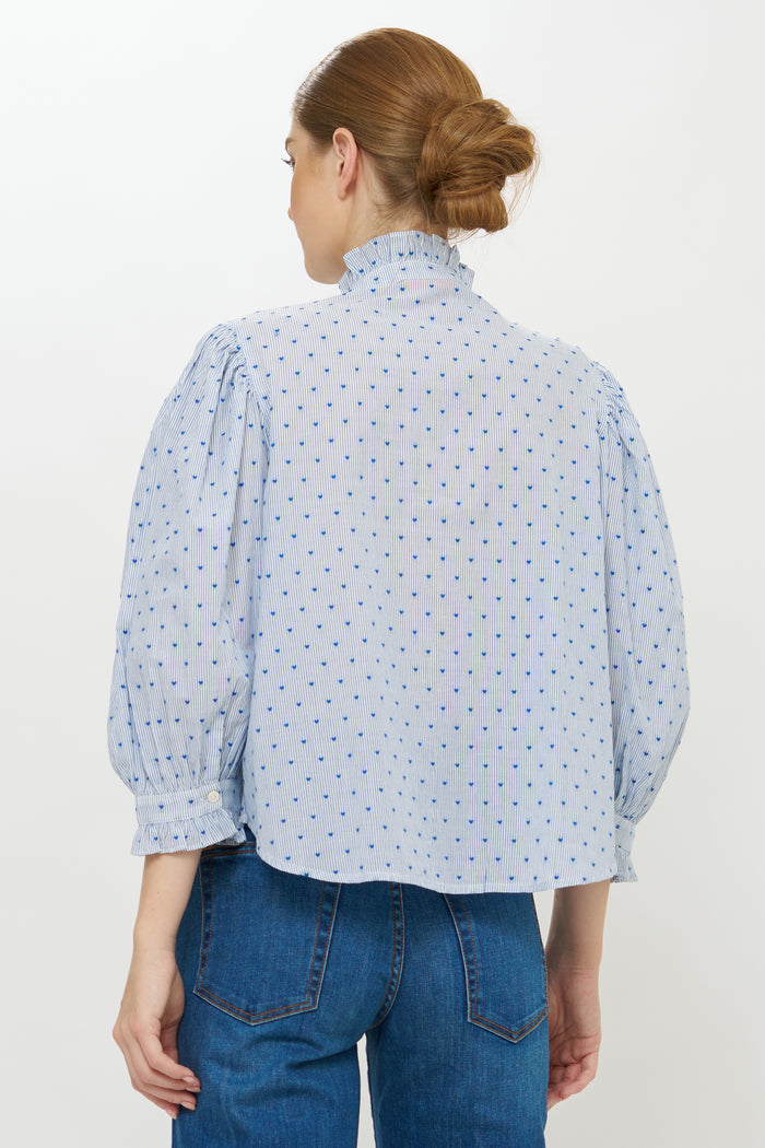 Ruffle Front Button Blouse- Lyon Blue