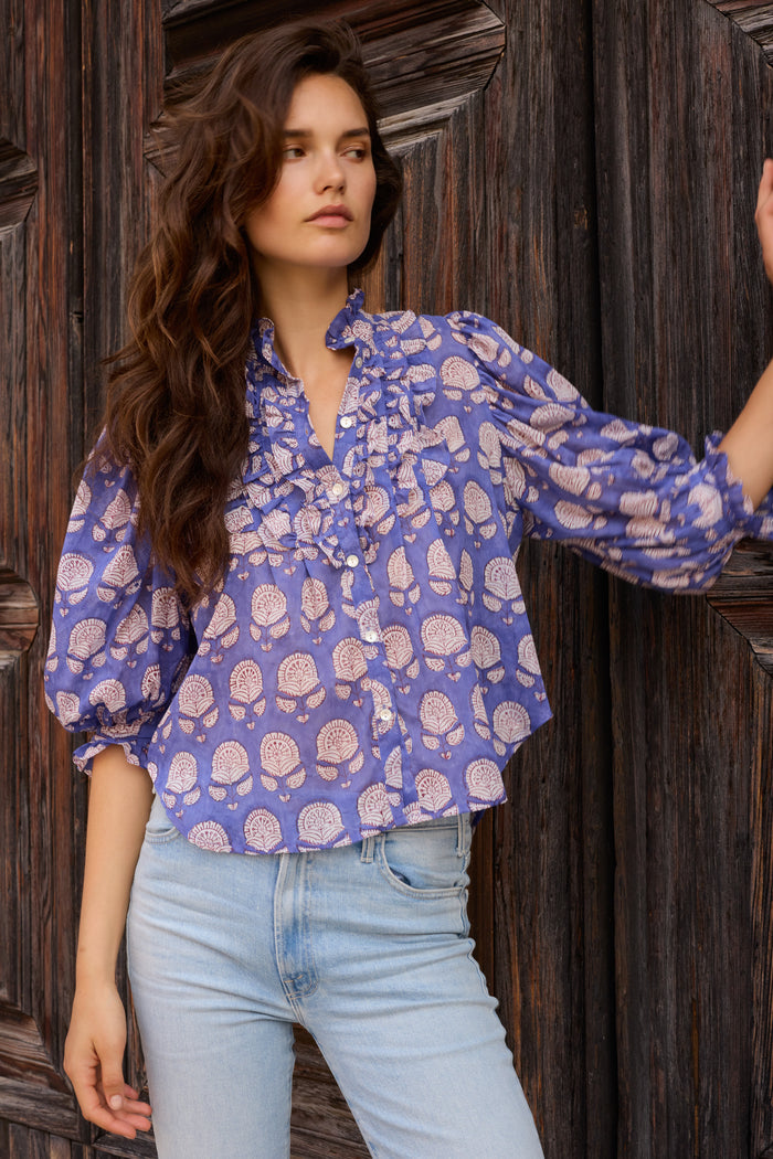 Ruffle Front Button Blouse- Trento Cobalt