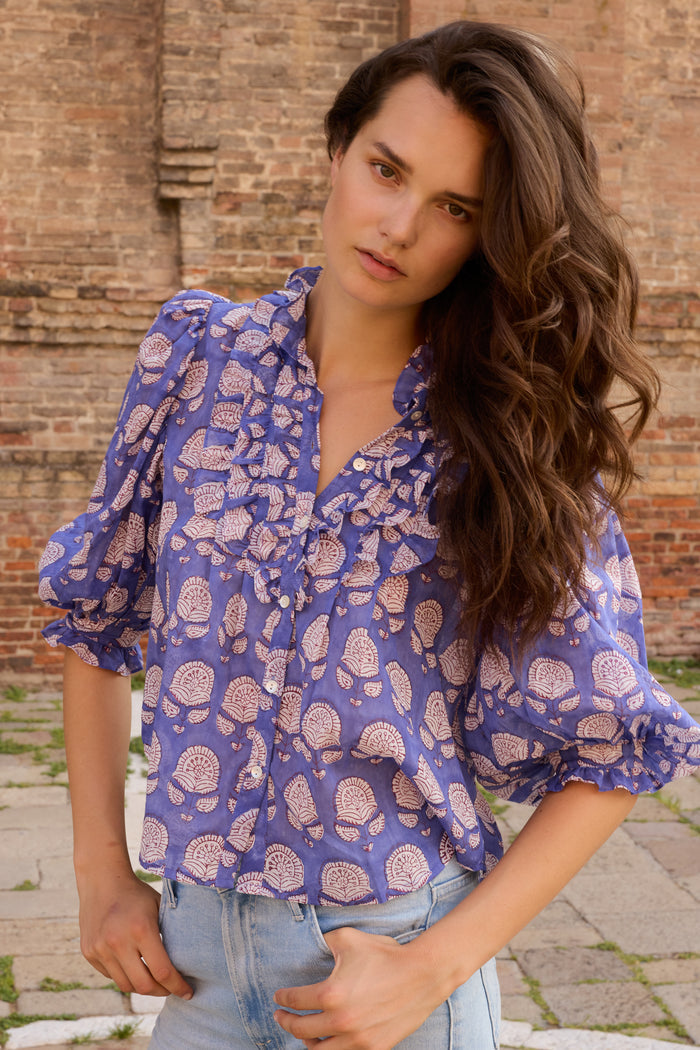 Ruffle Front Button Blouse- Trento Cobalt