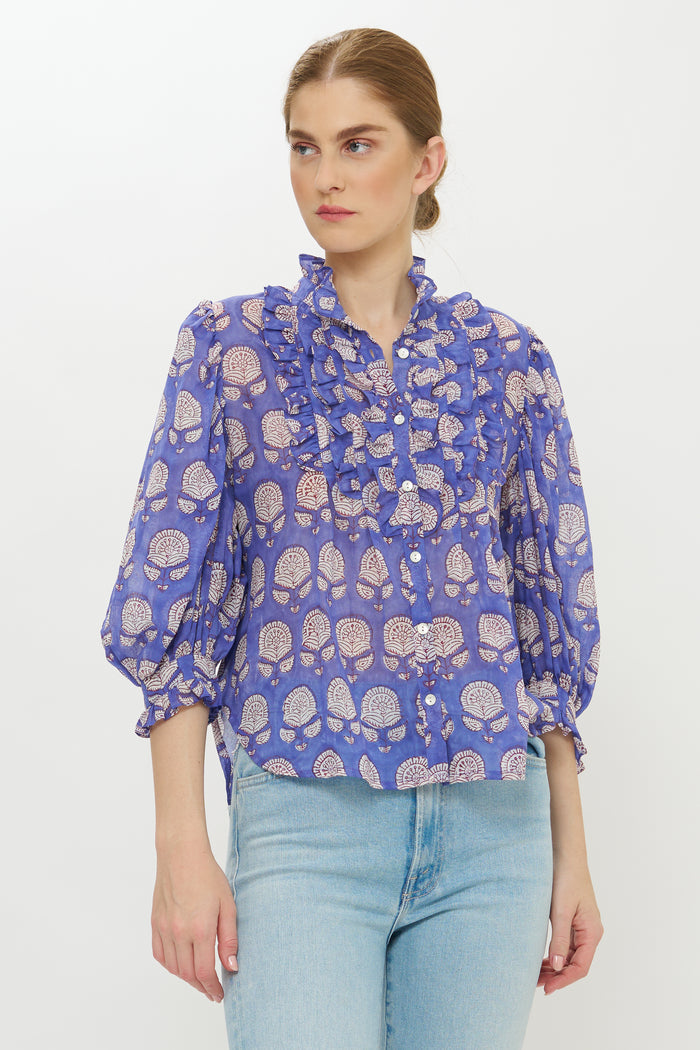 Ruffle Front Button Blouse- Trento Cobalt