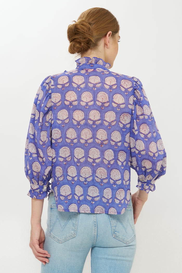 Ruffle Front Button Blouse- Trento Cobalt