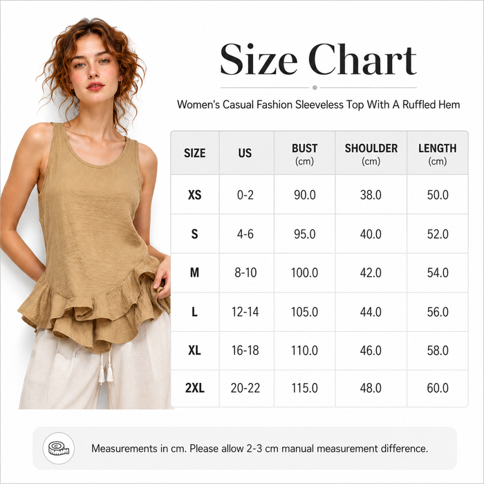 Size chart for a women's casual fashion sleeveless top with ruffled hem, featuring a model wearing the top.